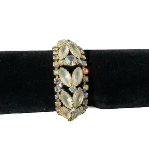 Vtg Gold Tone Prong Set Frosted Navette & Aurora Rhinestones Bracelet 7.5” Glam